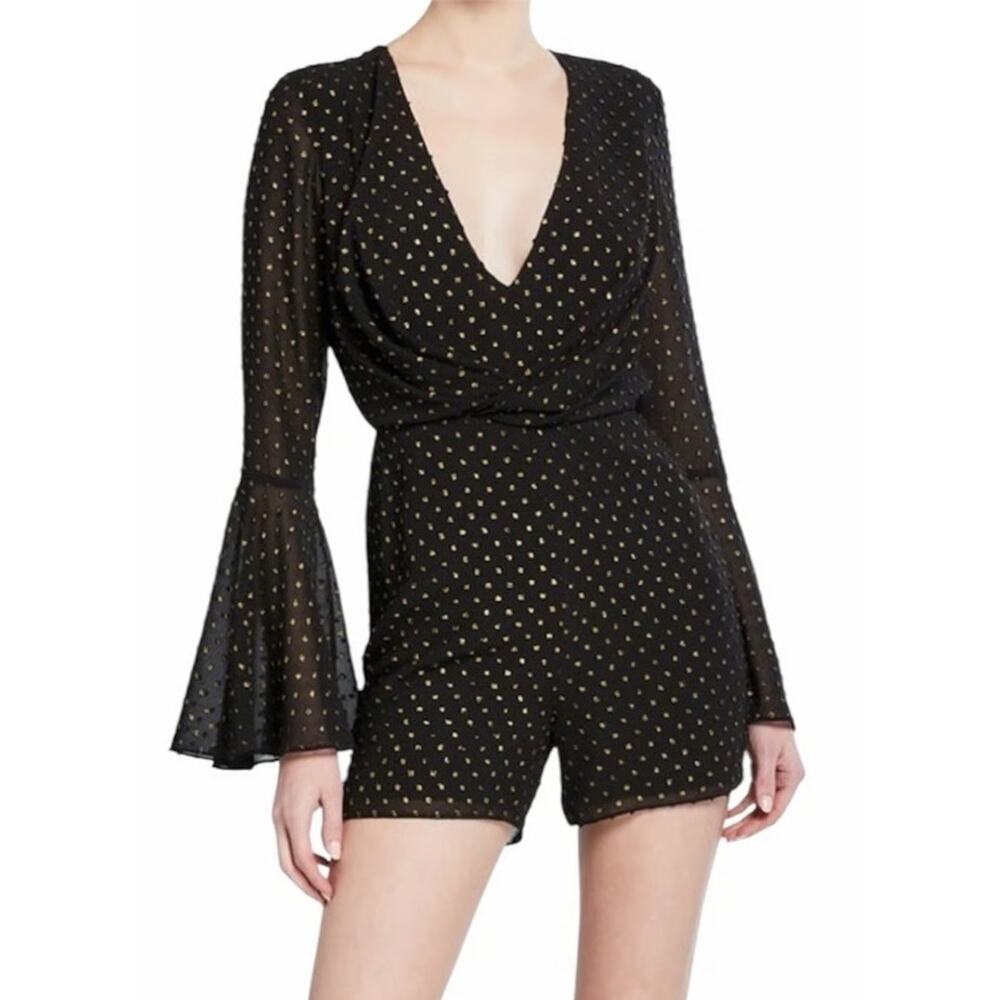 Jay Godfrey Colette Romper Metallic Dot Bell Sleeve V-Neck Mini Black Gold NWT 0